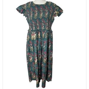 Victoria Dunn Green Floral Midi Dress Size L 100% Cotton
